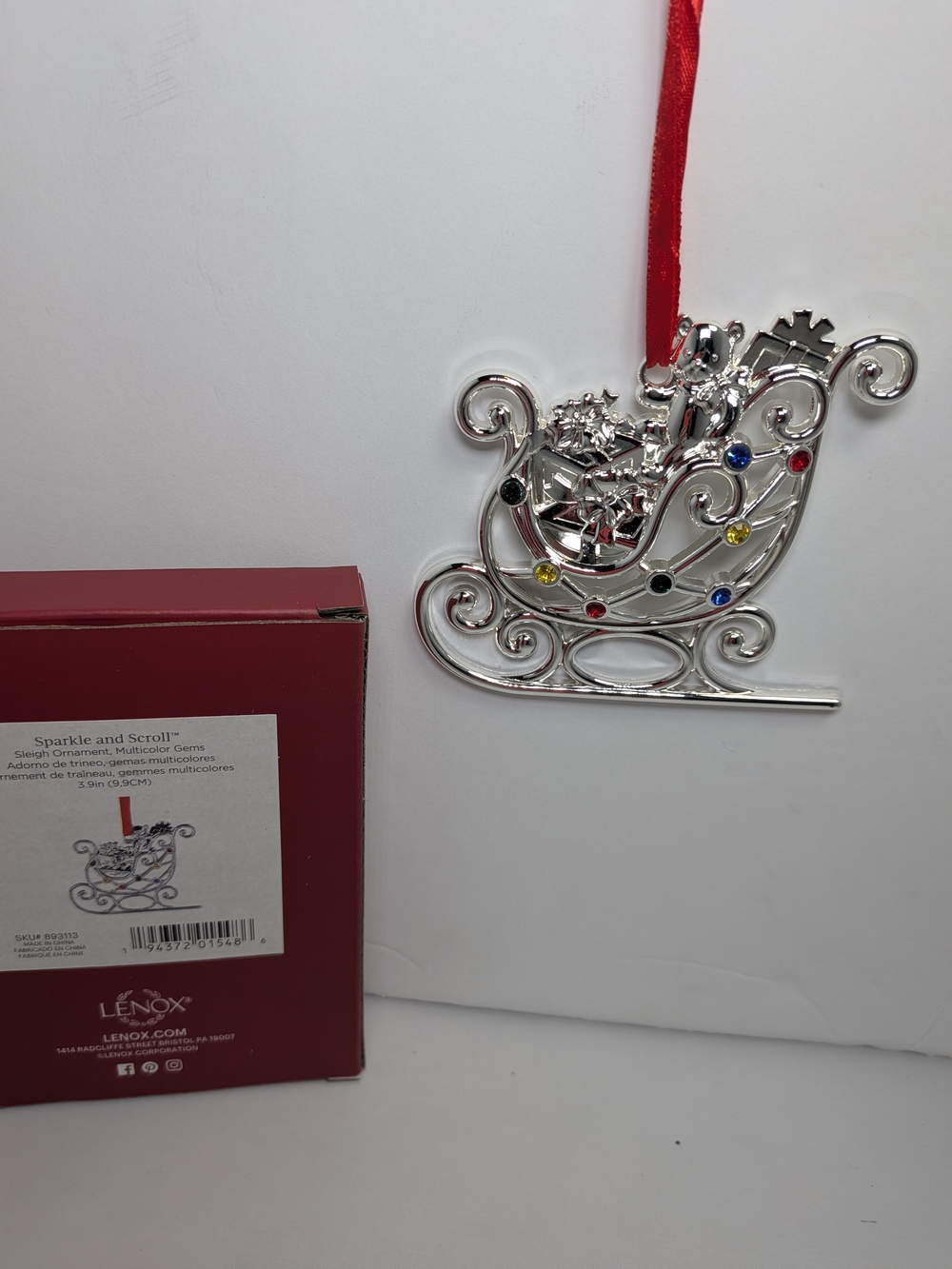 8 Lenox Holiday Ornaments Sparkle & Scroll Silver-Plated Multi-color Gems NEW